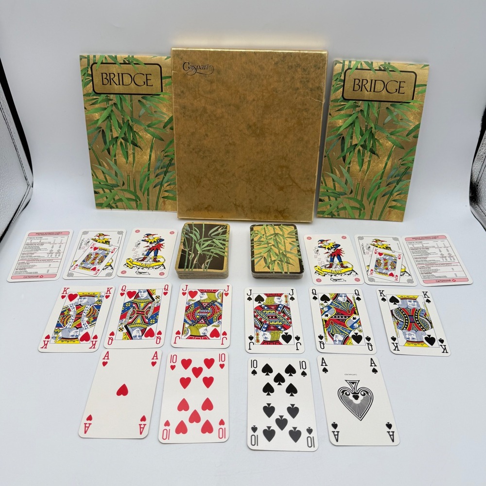 Vintage Caspari Bridge Set Bamboo Trees Karen F Kjaersgaard 2 Decks Gold Box